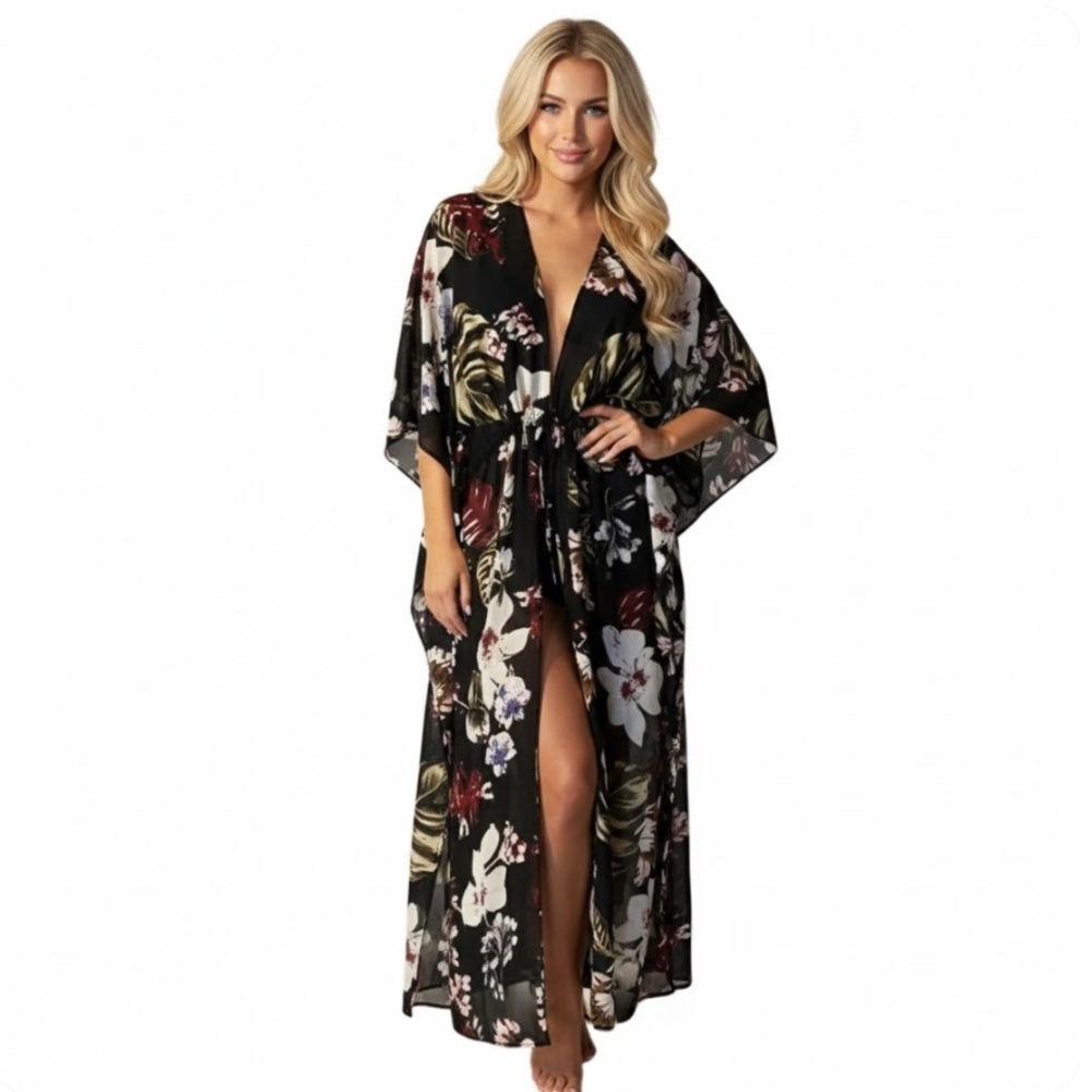 NWT Walter Baker Tulum Kimono Duster Midi Cover‎ Up Black Floral Multi OS $198
